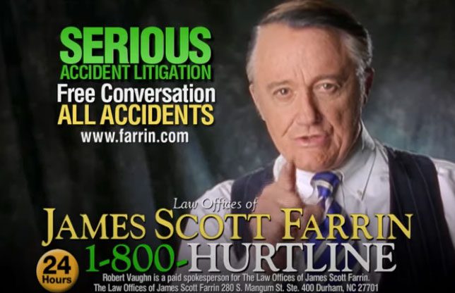 Comercial de televisión de las Oficinas Legales de James Scott Farrin con el número de “Hurtline”