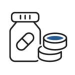 Icon of pills next to a medicine bottle.