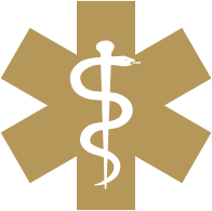 Snake and staff medical symbol in gold.