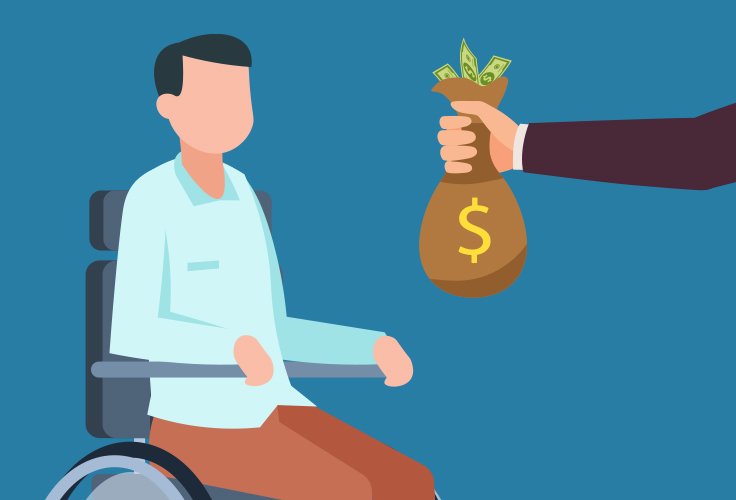 Illustration of a man in a wheelchair receiving a large bag of money.