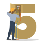 Gold number 5 with a person working inside an electrical box with color wires hanging out.