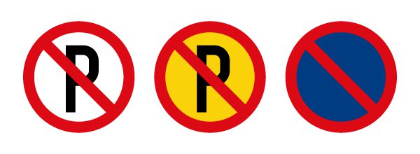 Three international NO PARKING signs, which are circular with a red slash.