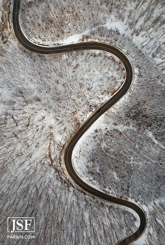 The Tail of the Dragon, or US 129, from an aerial view in the winter