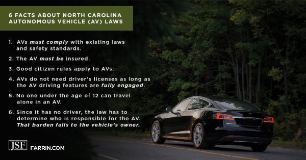 6 facts about NC autonomous vehicle laws including must be insured, comply with existing laws and safety standards, etc.