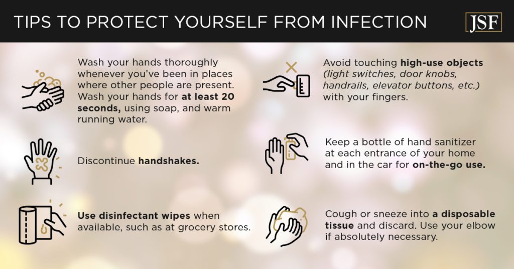 Tips to protect from infection including washing hands, use disinfectant wipes & avoid high-use objects