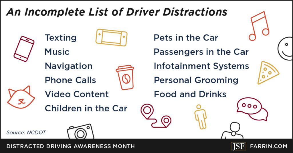 List of driver distractions including texting, children, grooming, and eating