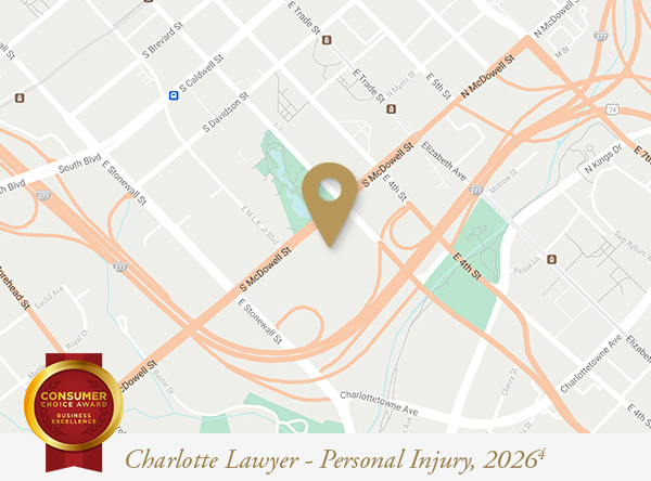 A map with a pin indicating the Charlotte location for the Law Offices of James Scott Farrin, recognized with a 2026 Consumer Choice Award for Charlotte Lawyer - Personal Injury.