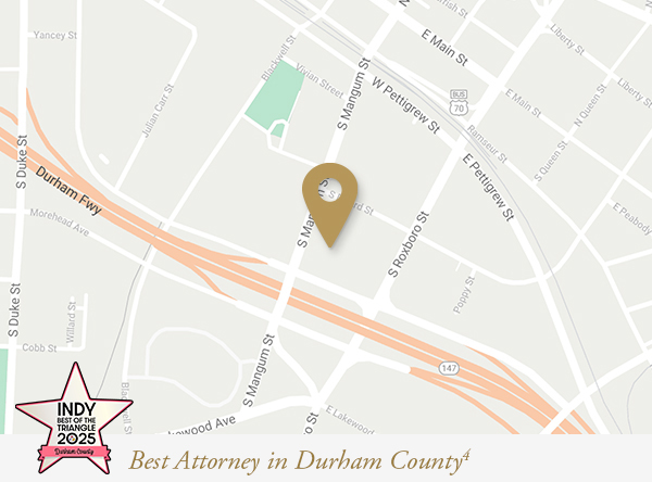 A map with a pin indicating the Durham location for the Law Offices of James Scott Farrin, recognized by Indy magazine as Best Attorney in Durham County for 2025.