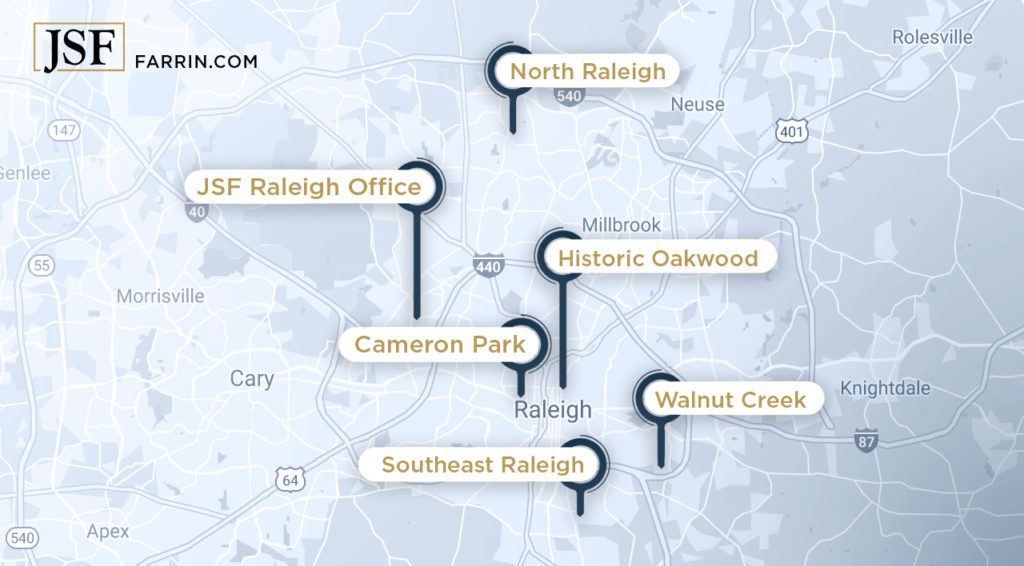 Map pins showing examples of neighborhoods the James Scott Farrin Raleigh office covers.