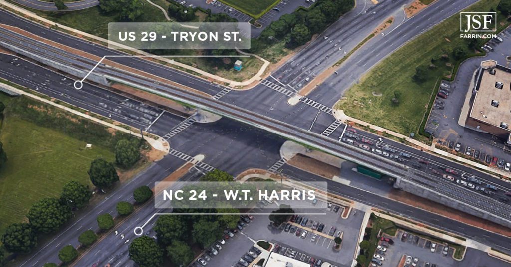Map of the most dangerous intersection in NC, located in Charlotte between the US 29 and NC 24