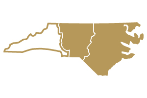 An outline of the state of North Carolina with middle and eastern districts colored in gold