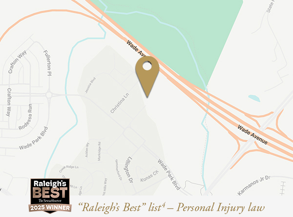 A map with a pin indicating the Raleigh location for the Law Offices of James Scott Farrin, recognized by The News & Observer on the Raleigh's Best list for personal injury law.