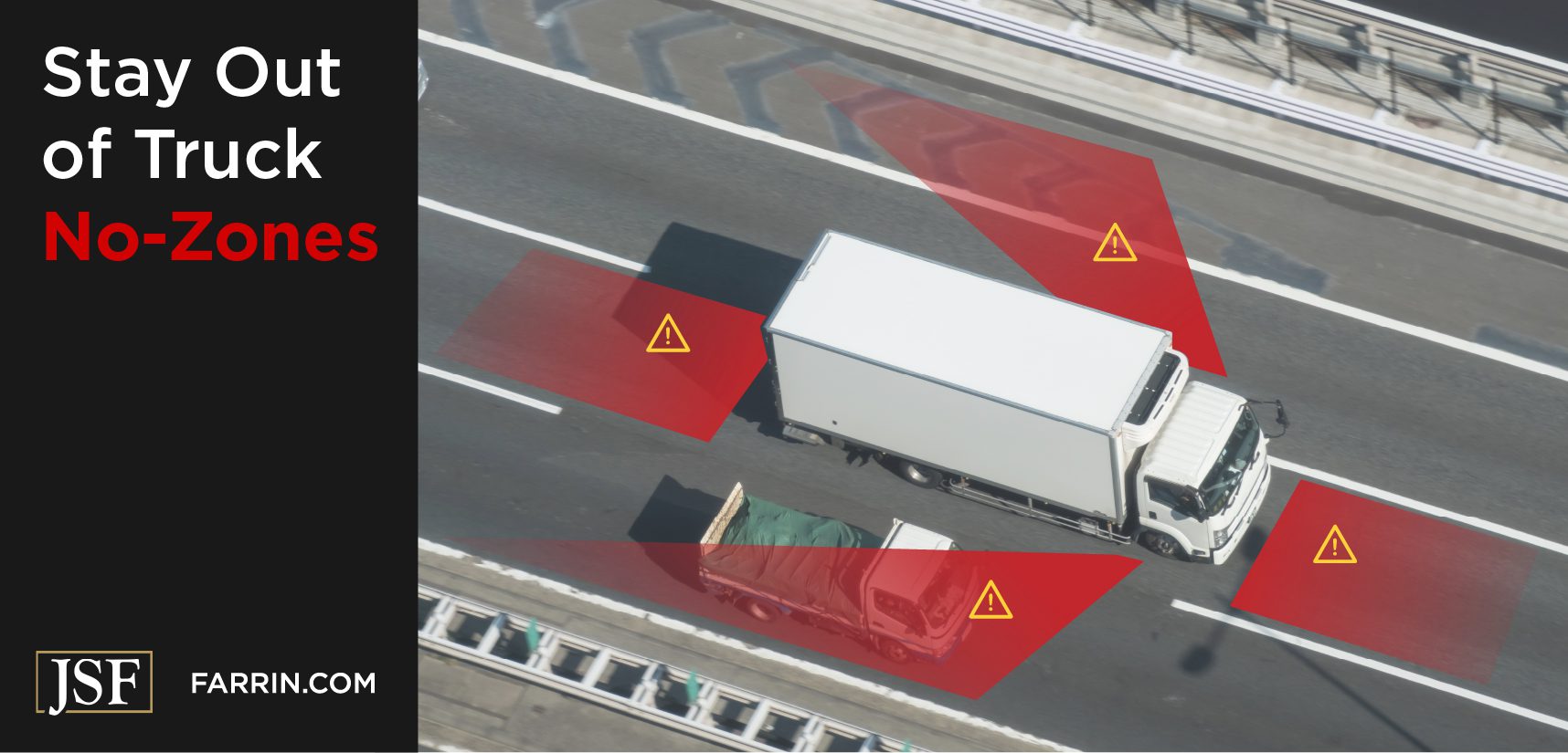 Truck "No-Zones" are the four dangerous blind spots in front, behind & on either side of the truck.