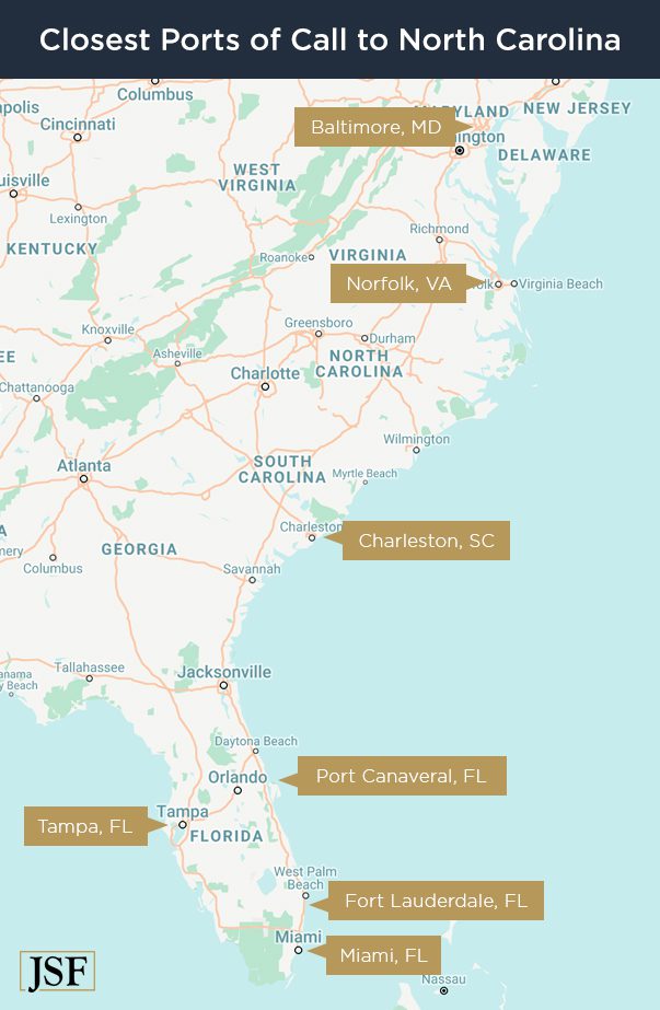 Map of the USA east coast, noting the ports of call with the highest rates of cruise ship incidents.