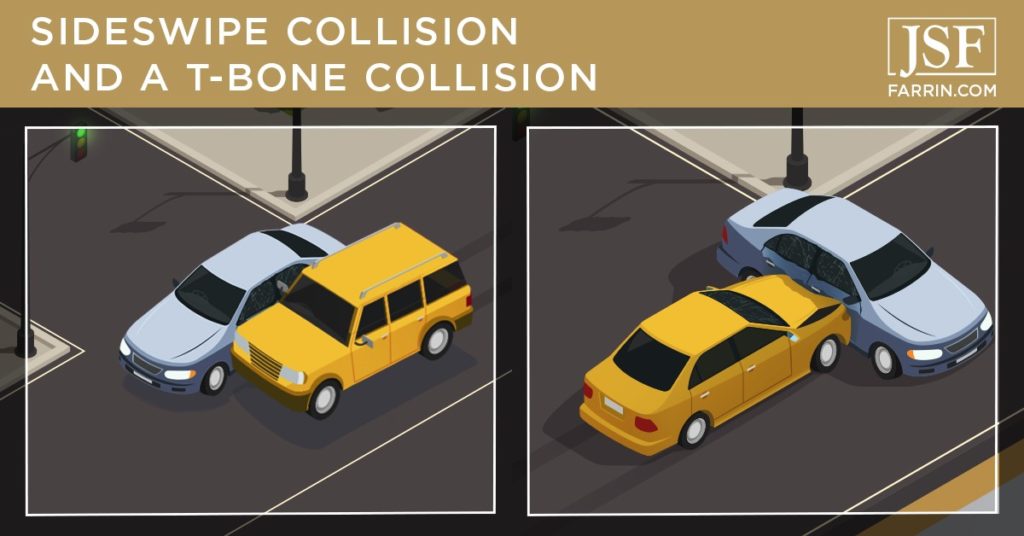 Examples of two cars getting in a sideswipe collision and a t-bone accident at an intersection.