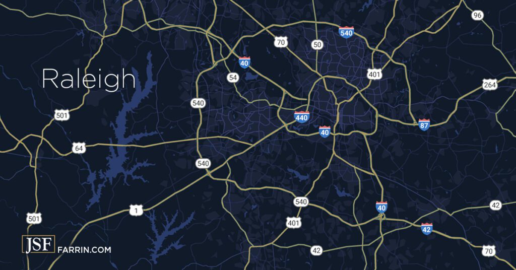 A simplified map of the major highways in and around Raleigh, North Carolina.