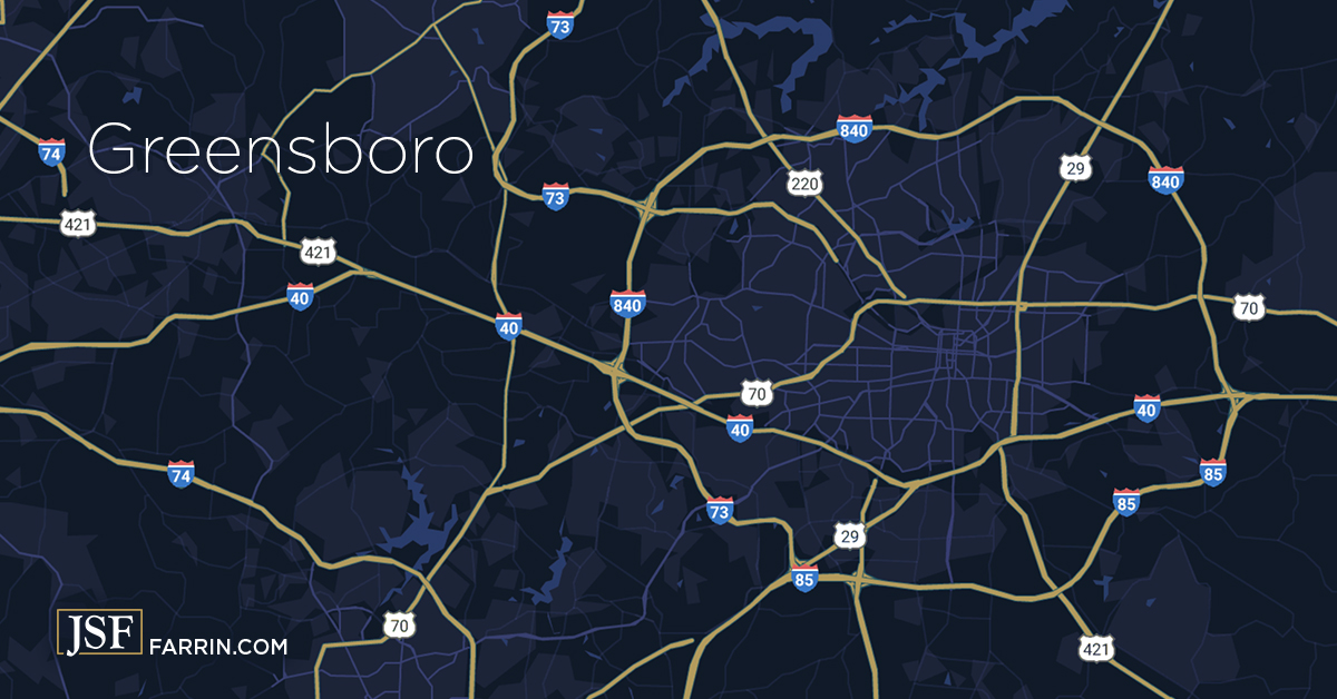 Map of the major highways surrounding Greensboro, North Carolina. James Scott Farrin, truck injury attorneys.