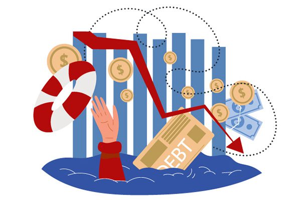 Illustration of a hand reaching for a life ring, drowning in debt and money.