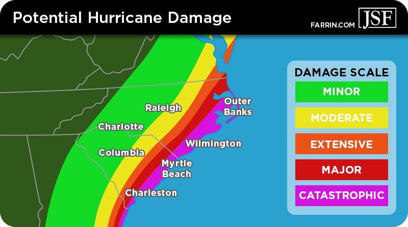 A map of the North and South Carolina coast showing risk of damages from hurricanes.