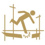 Gold icon of a worker falling off defective scaffolding equipment.