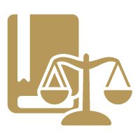 Gold icon of a law text book and scales of justice.