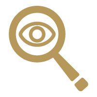 Gold icon of a magnifying glass with an eye inside.