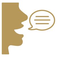 ALT TEXT: A person's mouth talking with a speech bubble in gold.