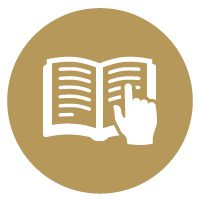 Icon of a hand reading lines in an open book on a gold circle.