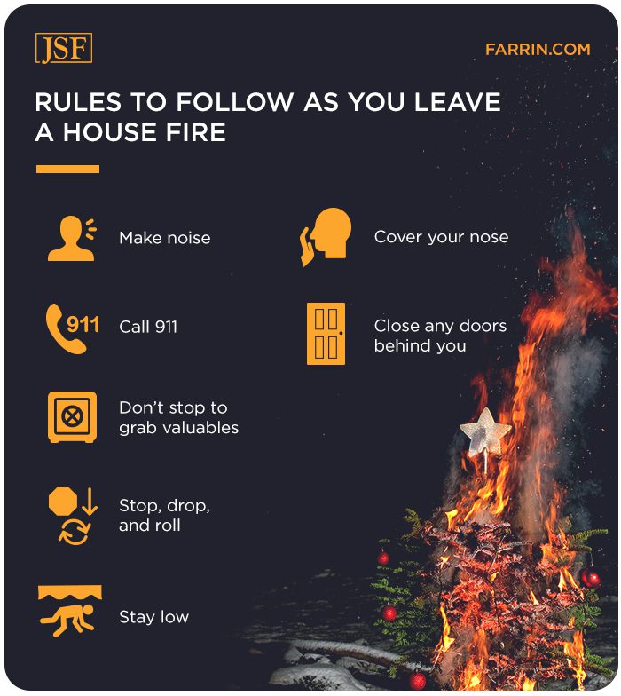 When leaving a house fire, call 911, avoid smoke, close doors & don't go back for valuables.