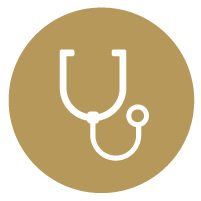 A medical doctor's stethoscope icon on a gold circle.