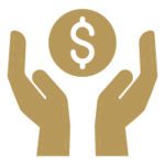 Gold icon of hands holding up money.
