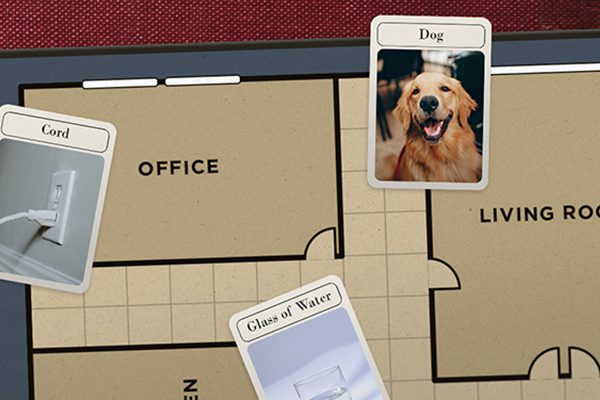 Work from home hazards as cards on a Clue inspired game board.