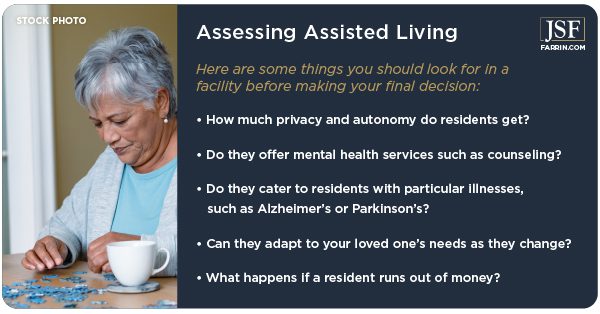 Ask nursing facilities about privacy, mental health & illness services & financial planning.