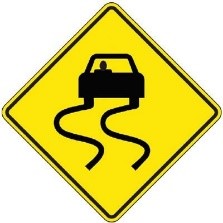 Yellow slippery when wet diamond road sign