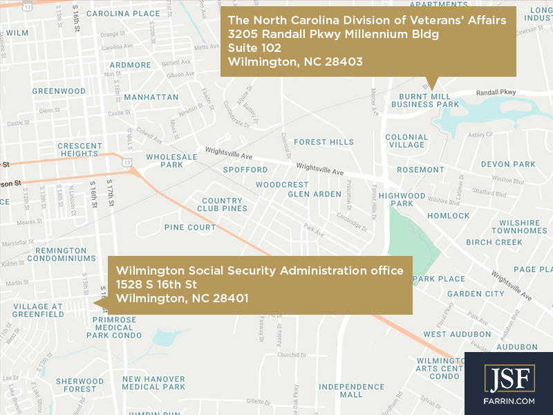 Map of Wilmington with gold tags marking Social Security office & NC Division of Veterans Affairs