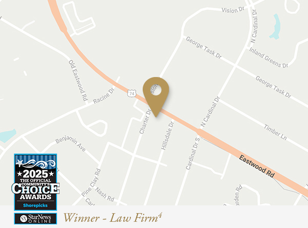 A map with a pin indicating the Wilmington location for the Law Offices of James Scott Farrin, recognized by The StarNews Online's The Official Community's Choice Awards for 2025.