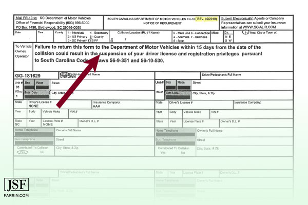FR10 form South Carolina accident report with an arrow pointing to “suspension of driver license"