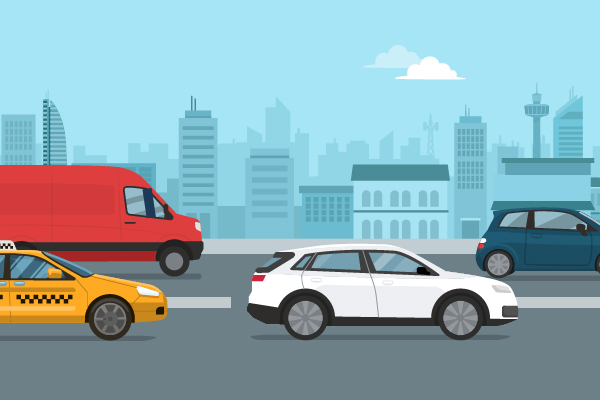 Illustration of a white car in morning traffic during the morning commute on a highway in the city.