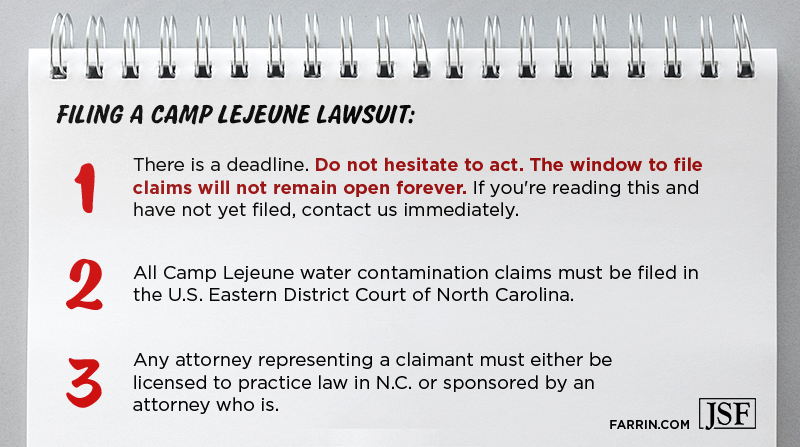 Camp Lejeune claims have a deadline & must be filed in the US Eastern District Court of NC by a NC licensed attorney.