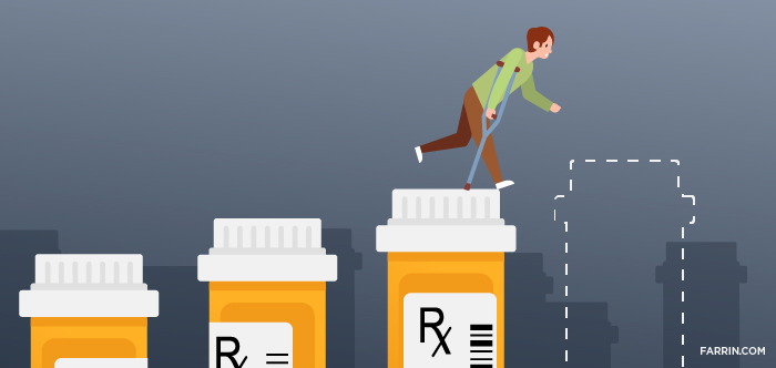 Injured person climbing prescription bottles and reaching the edge with an unreachable step.
