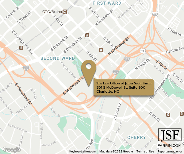 Map of The Law Offices of James Scott Farrin at 301 S McDowell St Suite 900 Charlotte, NC