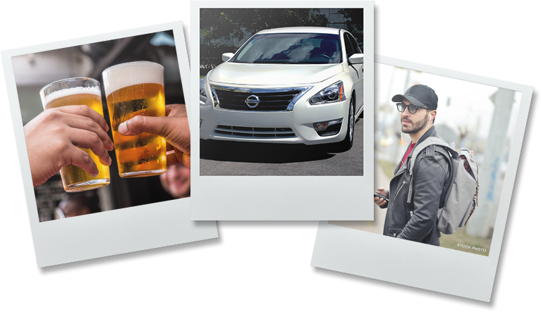 Photos of beer, a car & a man on polaroid film.