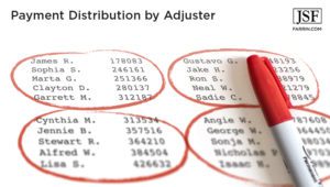 An adjuster's red pen grouping clients into four categories.