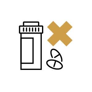 Icon of prescription medicine bottle with gold x and outline of pills.