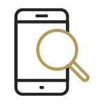 Icon of a magnifying glass over a cell phone.
