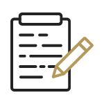 Icon of a pencil taking notes on a clipboard.