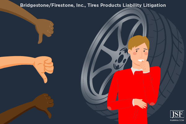 A Firestone rep looks embarrassed as claims against tires roll in during a Liability litigation