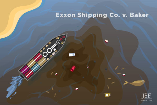 An oil tanker floats amidst its oil spill, representing Exxon Shipping Co. v. Baker.
