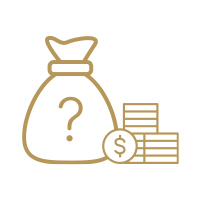 Gold icon of a bag of money with a question mark on it with a small pile of coins.