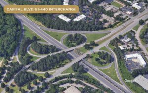 Aerial view of the cloverleaf interchange at Capital Blvd & I-440 (the beltline) in Raleigh, NC.